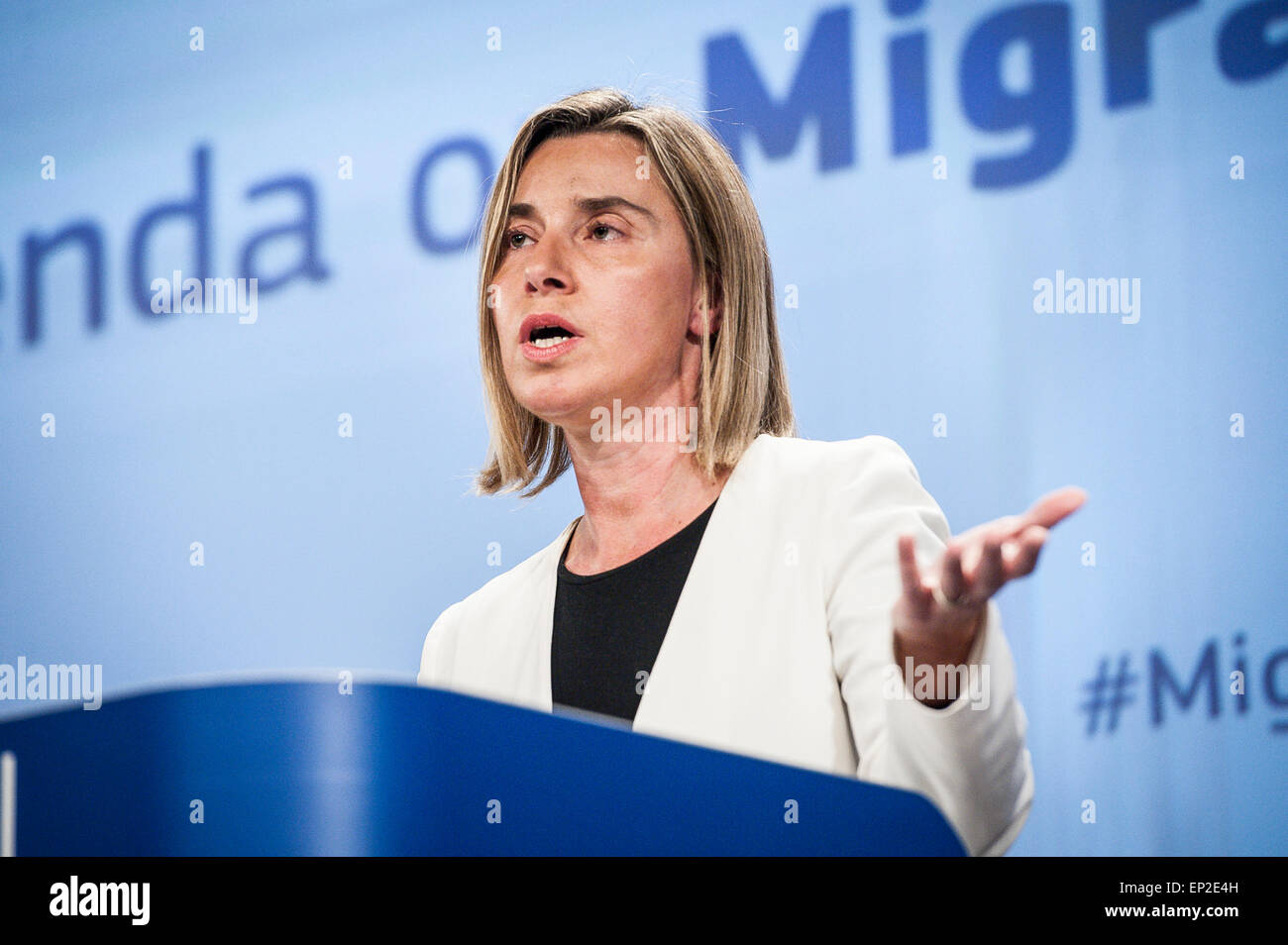 Brussels, Bxl, Belgium. 13th May, 2015. Federica Mogherini, EU High representative for foreign policy holds a press conference at European Commission headquarters in Brussels, Belgium on 13.05.2015 The European Commission presented a European Agenda on Migration with immediate measures to respond to the crisis situation. Credit:  ZUMA Press, Inc./Alamy Live News Stock Photo