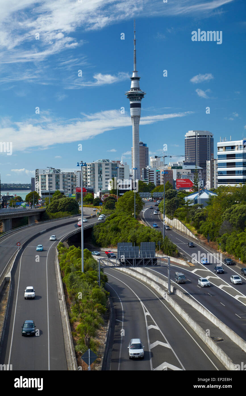 Motorways and Skytower, Auckland, North Island, New Zealand Stock Photo