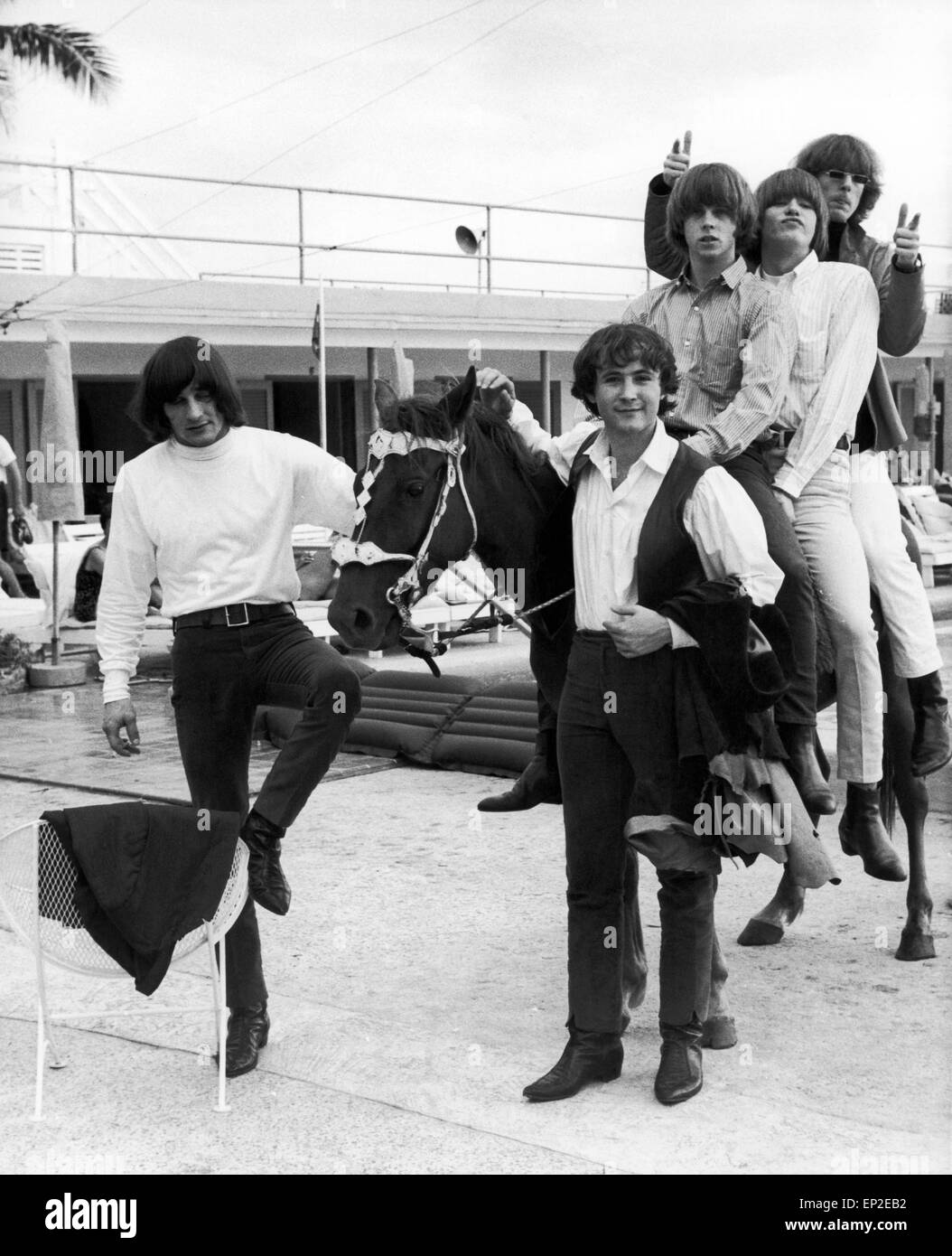 The Byrds in Miami, Florida, USA 24th July 1965. The Byrds. 1965 Band Members : David Crosby. Gene Clark. Michael Clarke. Chris Hillman. Roger McGuinn. Stock Photo