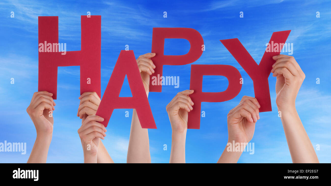 Many People Hands Holding Red Word Happy Blue Sky Stock Photo - Alamy