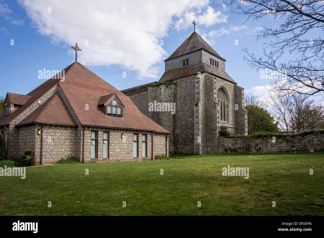 Minster Abbey on the Isle of Sheppey, Kent, with Minster Hall in the