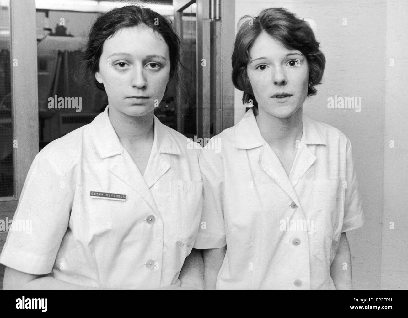 A fire broke out in a cupboard in St. Margaret's Hospice, run by the Irish Sisters of Mercy in East Barn Street, Clydebank. Pictured are two nurses who helped to restrain the fire. 17 year old Cathy Mitchell on the left and 16 year old Maureen Daly on the right Stock Photo