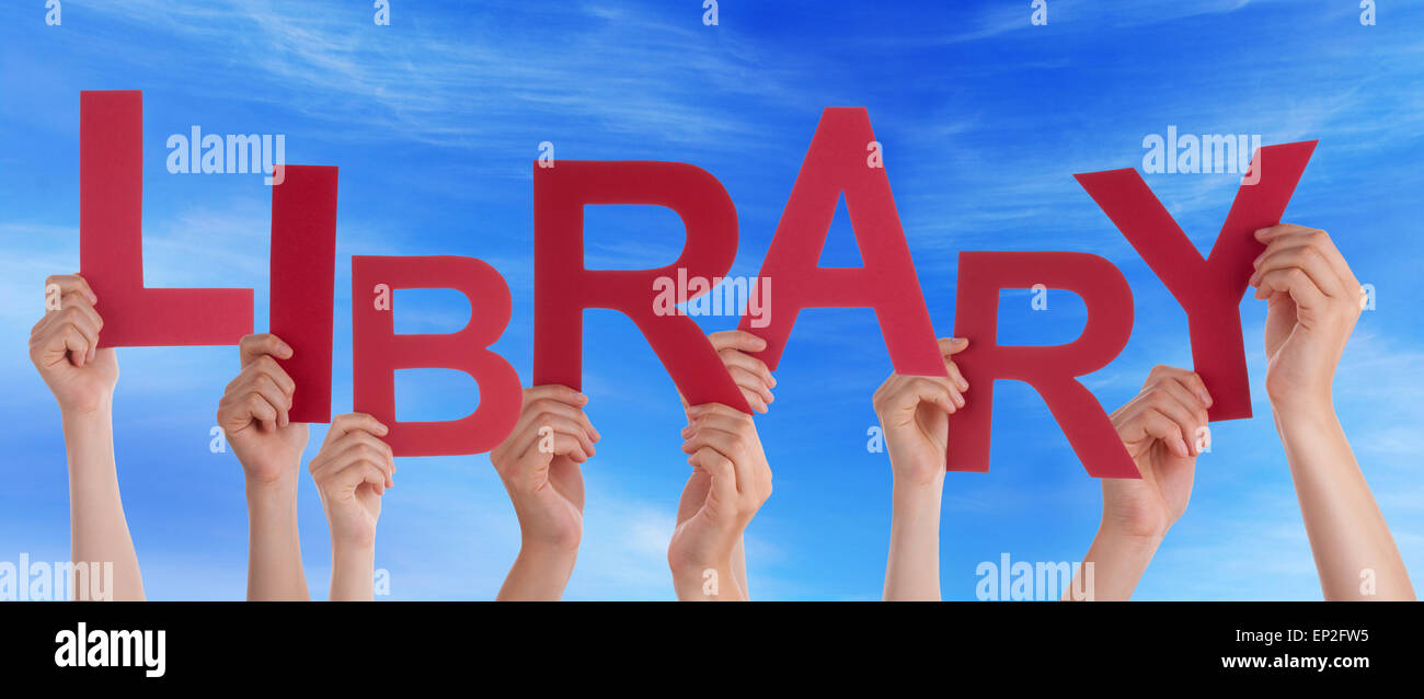 People Hands Holding Red Word Library Blue Sky Stock Photo - Alamy