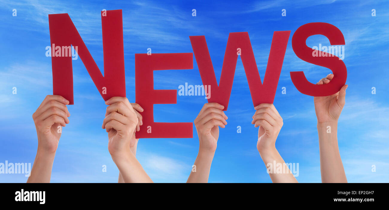 Many People Hands Holding Red Word News Blue Sky Stock Photo - Alamy
