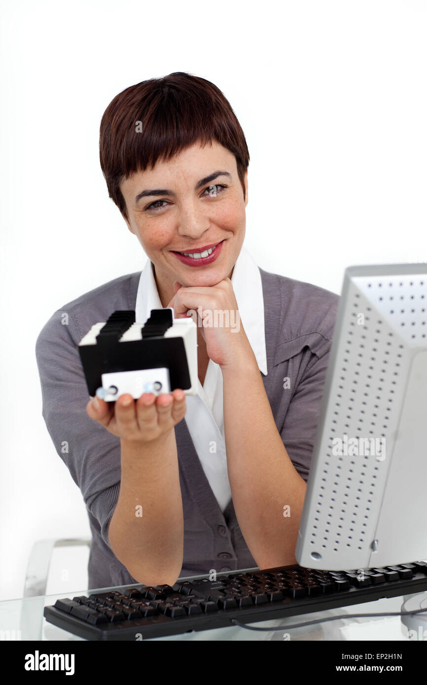Glowing businesswoman holding a business card holder Stock Photo Alamy