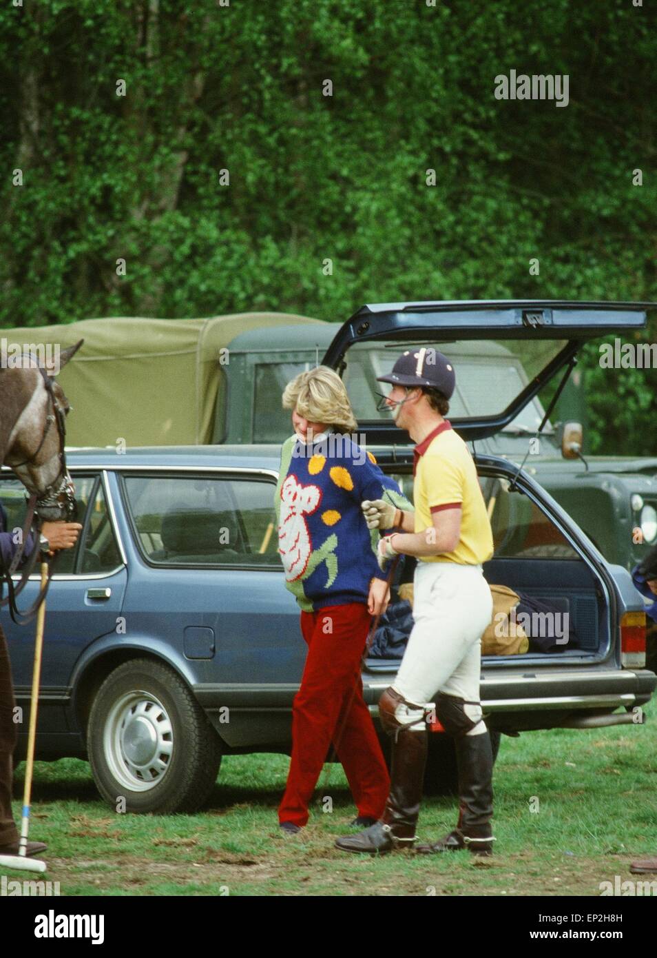 Prince and Princess of Wales at Polo at Smith's Lawn, Windsor (Diana wearing koala-patterned sweater) 2nd May 1982. Diana expecting her 1st child in 2 months. Stock Photo