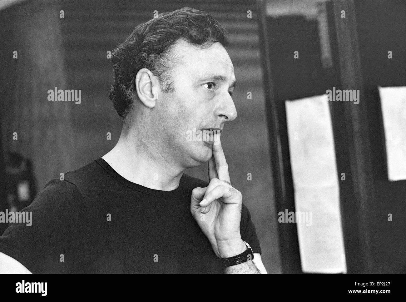 Paul Eddington, star of BBC TV Series 'The Good Life', as character Jeremy Leadbetter, pictured taking the Daily Mirror Fitness Test, at The Debenham Health Club, London, 30th May 1977. Stock Photo