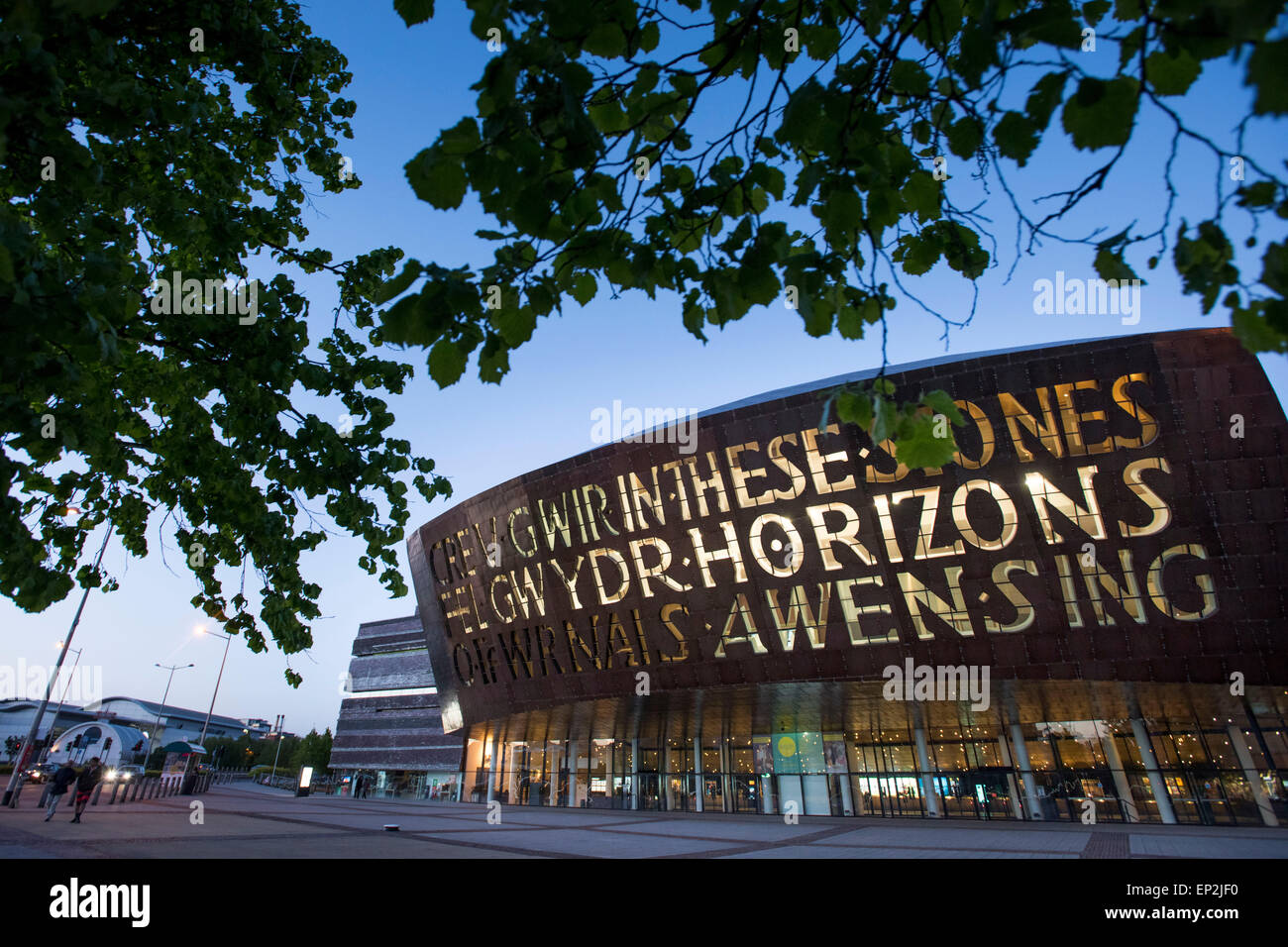 The Wales Millennium Centre (WMC) at sunset at Cardiff Bay. Stock Photo