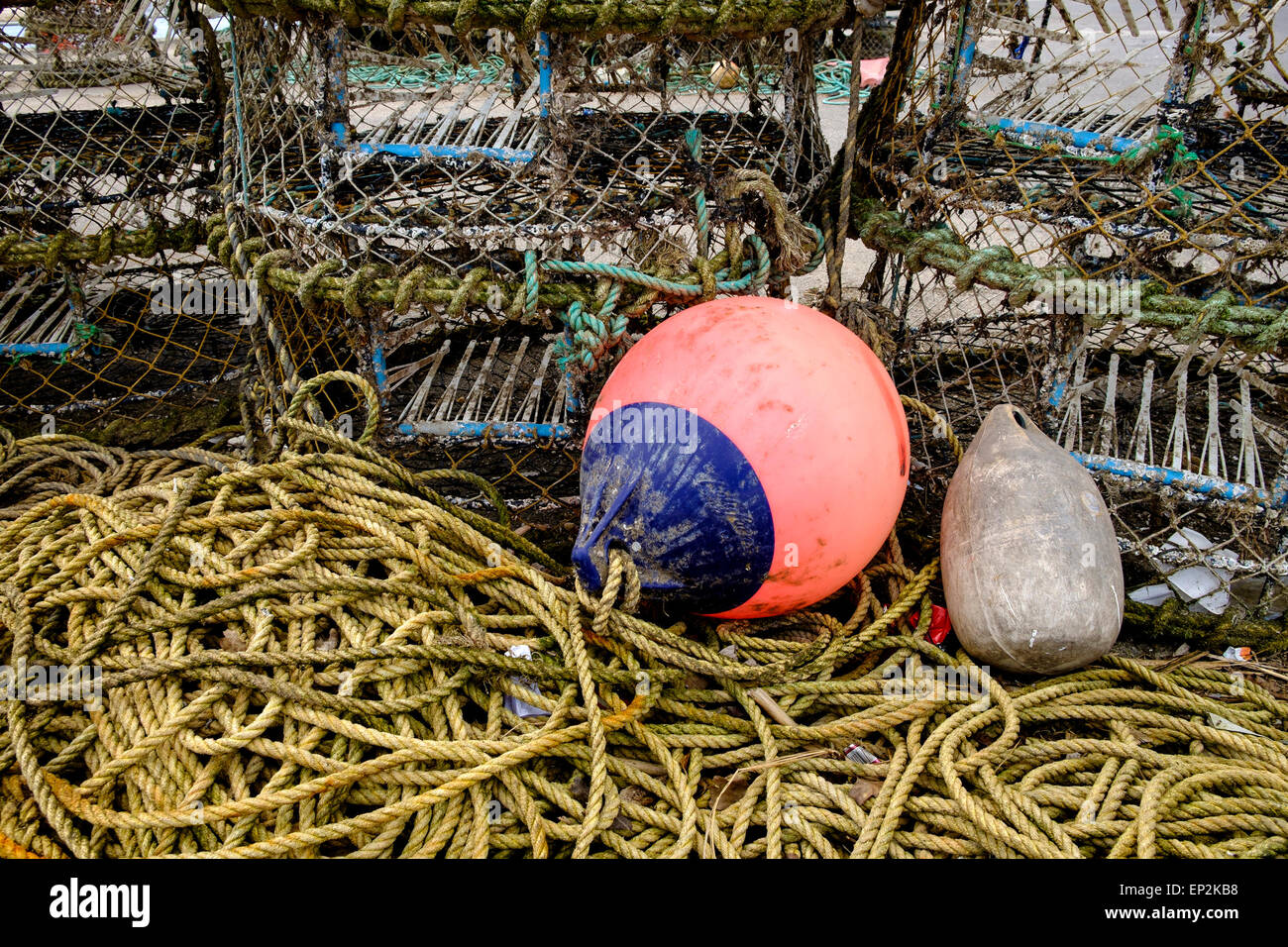 Fishing floats, lobster pots and rope Stock Photo - Alamy