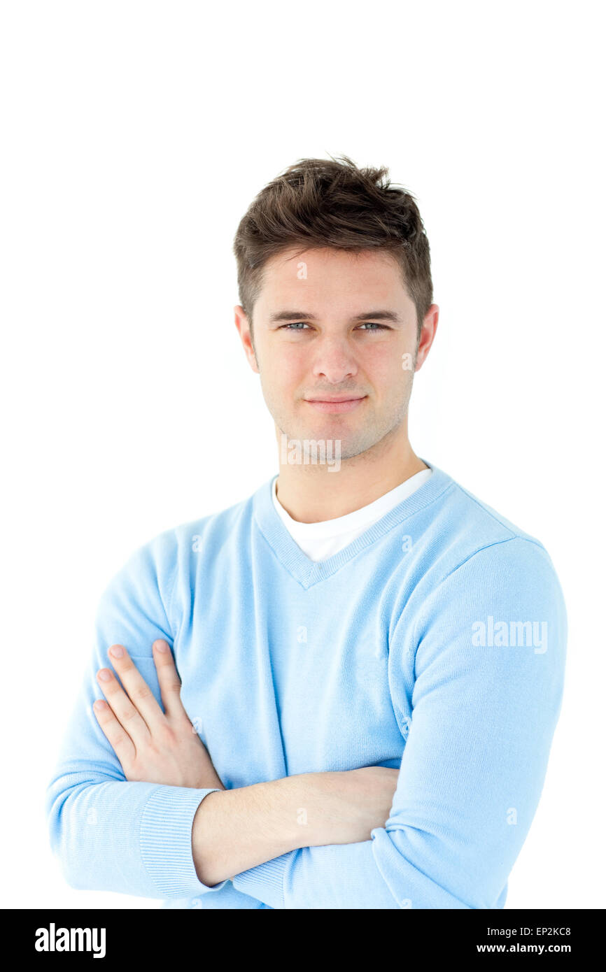 Attractive man smiling at the camera against white background Stock ...