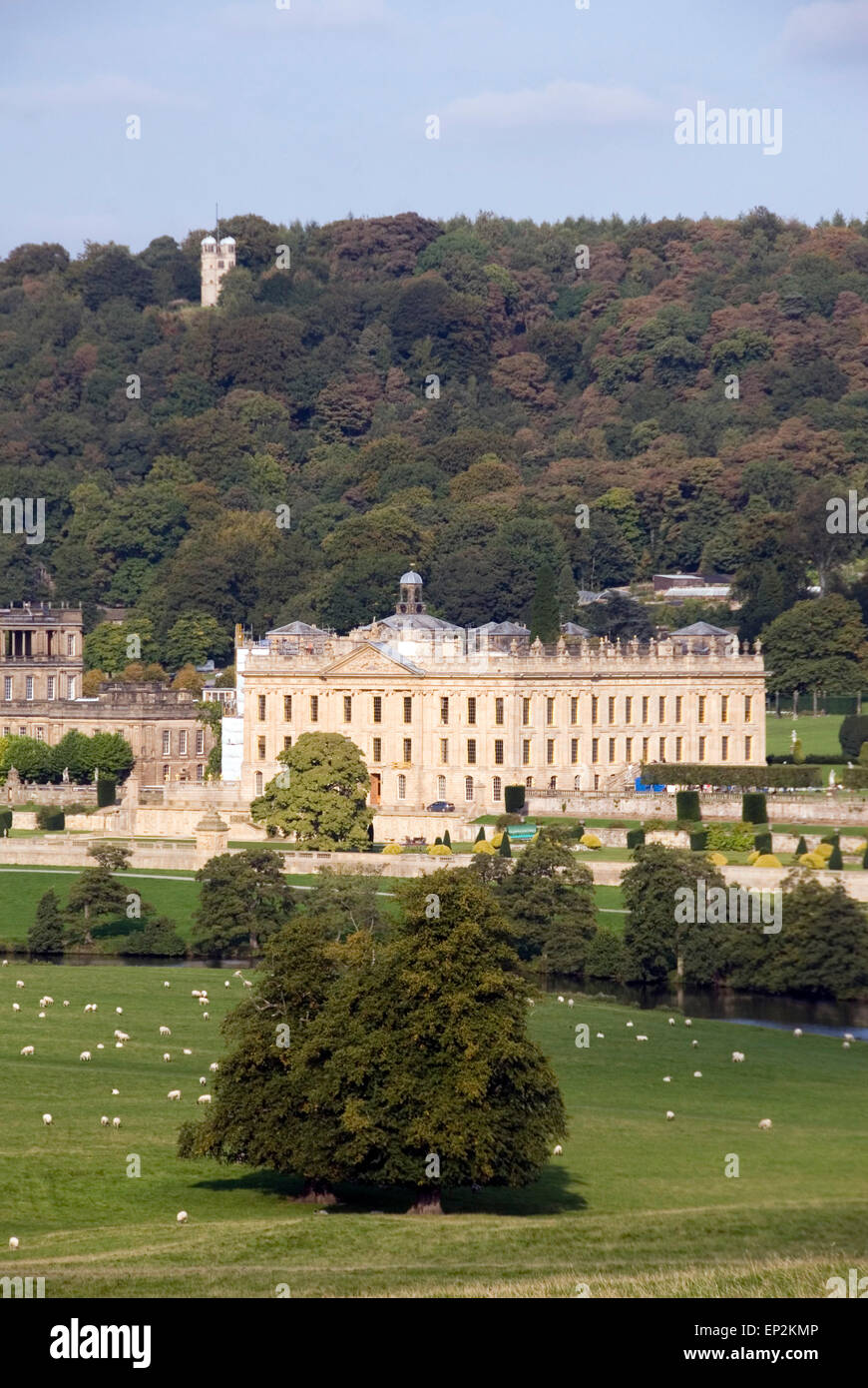 Chatsworth House stands amids beautiful parkland in the Derwent Valley, Derbyshire UK Stock Photo