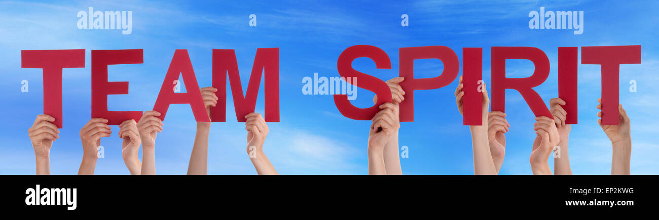 Hands Hold Red Straight Word Team Spirit Blue Sky Stock Photo