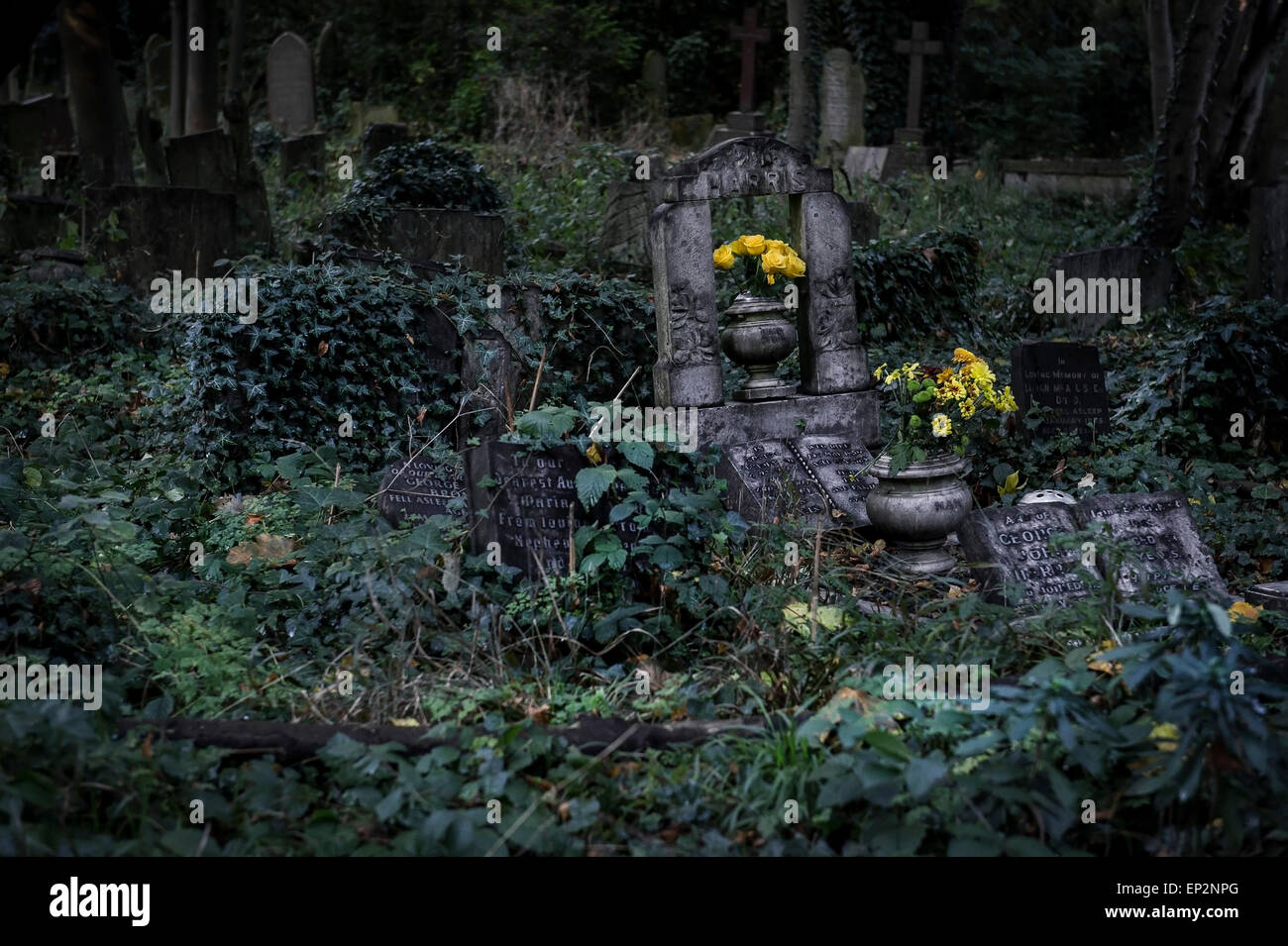 Flowers left on a grave in Tower Hamlets Cemetery in the East End of London. Stock Photo