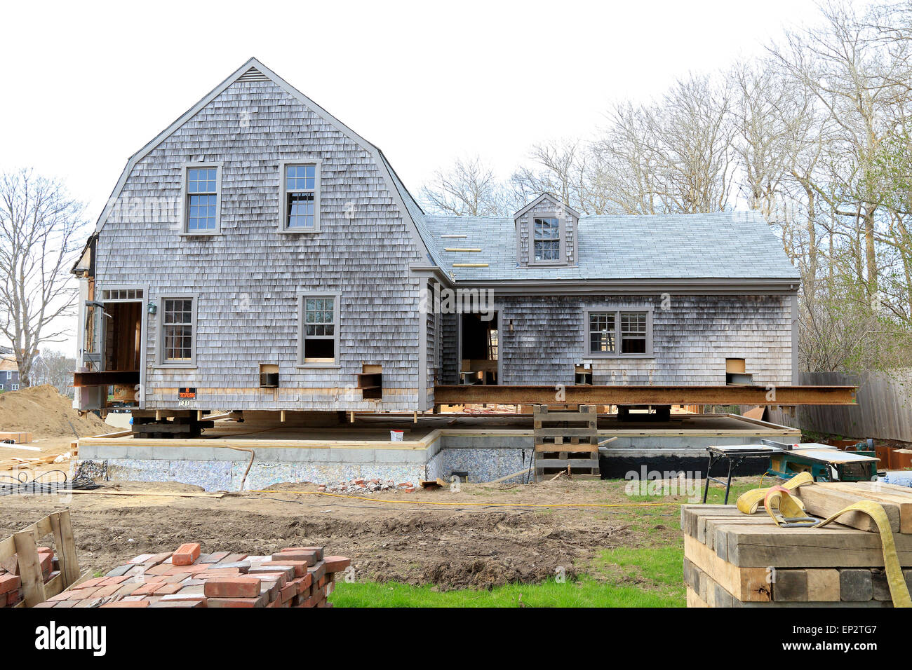 Nantucket Massachusetts on Nantucket Island. Old wooden house restoration near downtown with wooden cedar shingles. Stock Photo