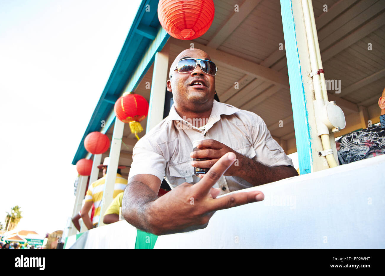 Caribbean, Netherlands Antilles, Bonaire, carnival in Kralendijk, man on parade float Stock Photo