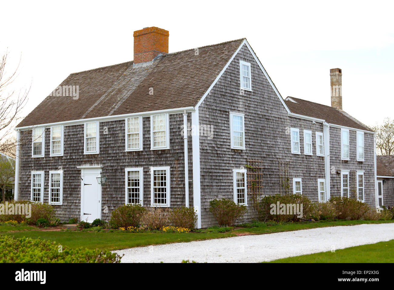 Nantucket Massachusetts on Nantucket Island. Old wooden house near downtown with wooden cedar shingles. Stock Photo