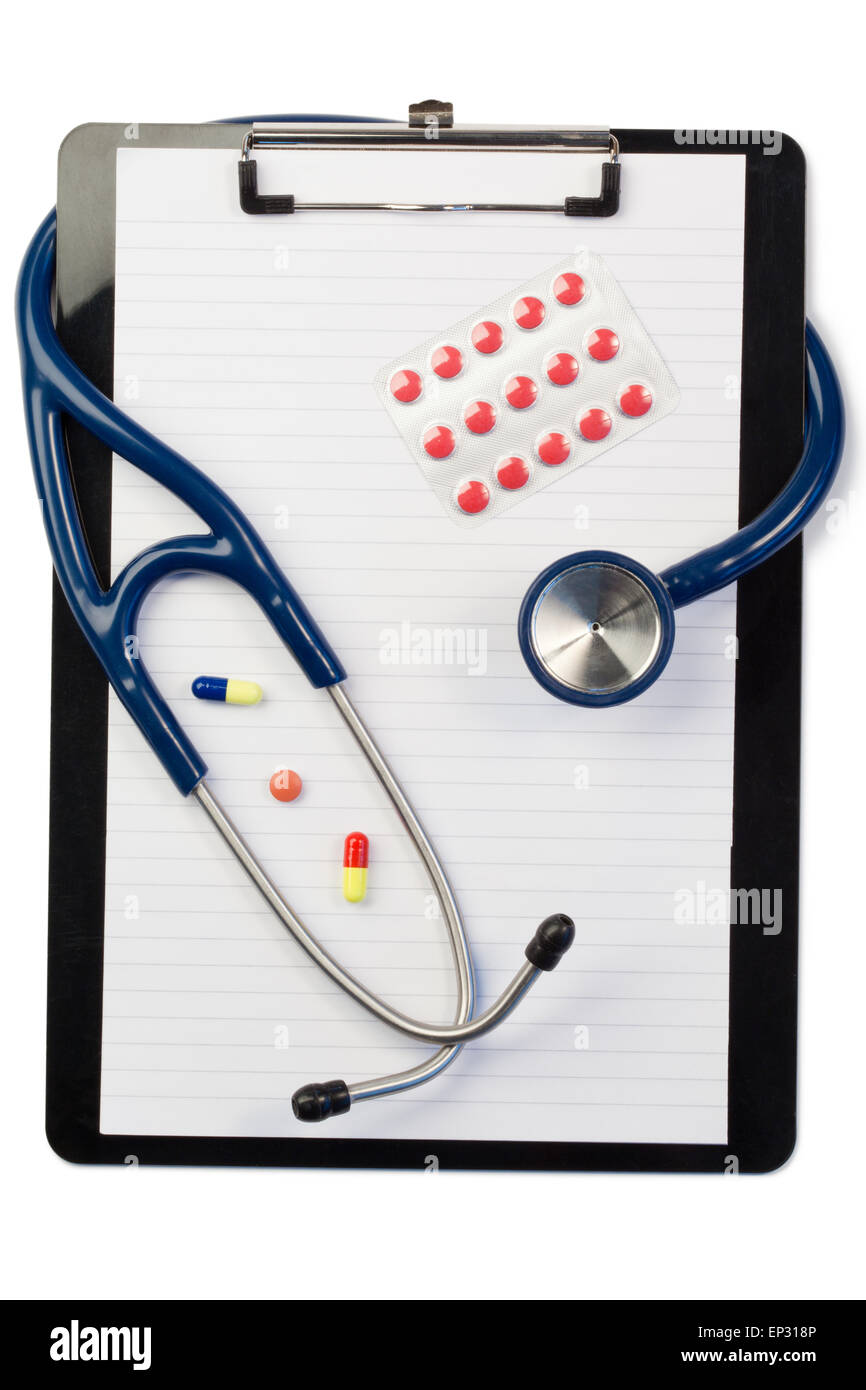 Note pad and stethoscope with color pills and blister strip Stock Photo