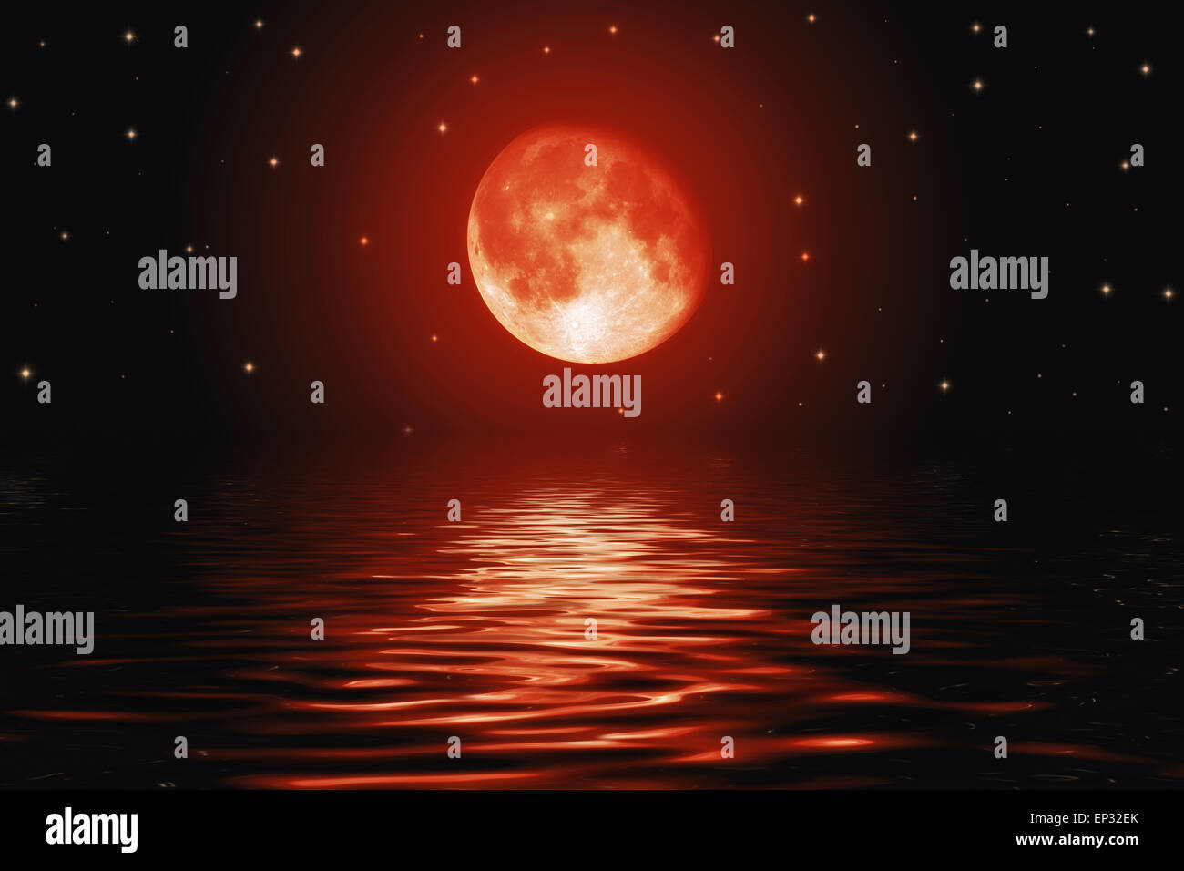 Big bloody red moon and stars reflected in a wavy water surface Stock Photo