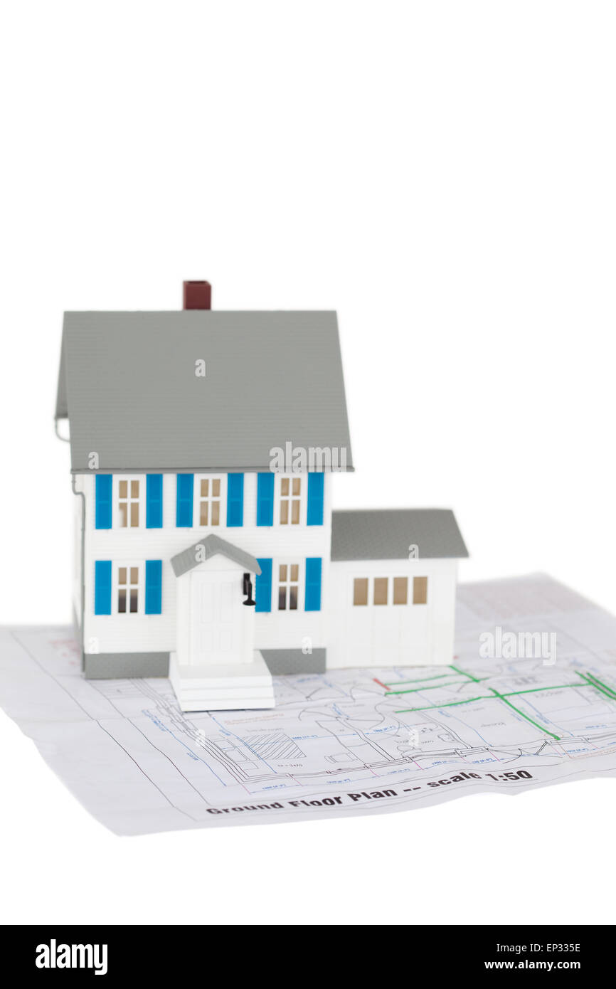 Grey toy house model on a ground floor plan Stock Photo Alamy