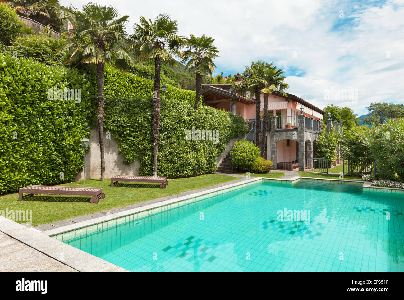 house with swimming pool, outdoor, view from the garden Stock Photo Alamy