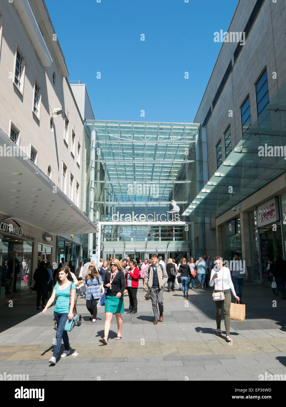 Shoppers outside Drake Circus shopping centre in Plymouth, Devon UK. Stock Photo