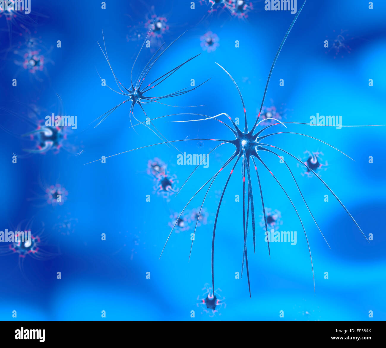 Render of group of neurons on blue background Stock Photo