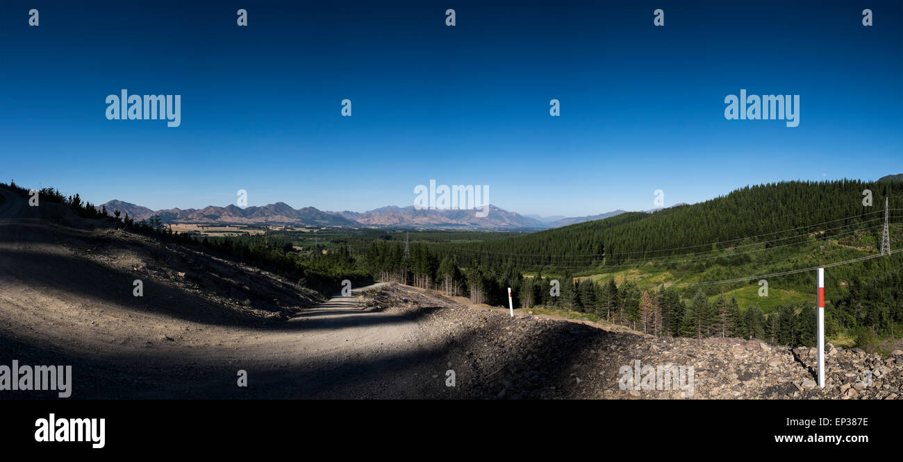 Panoramic view to the south from Jollies Pass Road near Hanmer Springs, New Zealand, Panoramic image from 6 separate exposures. Stock Photo