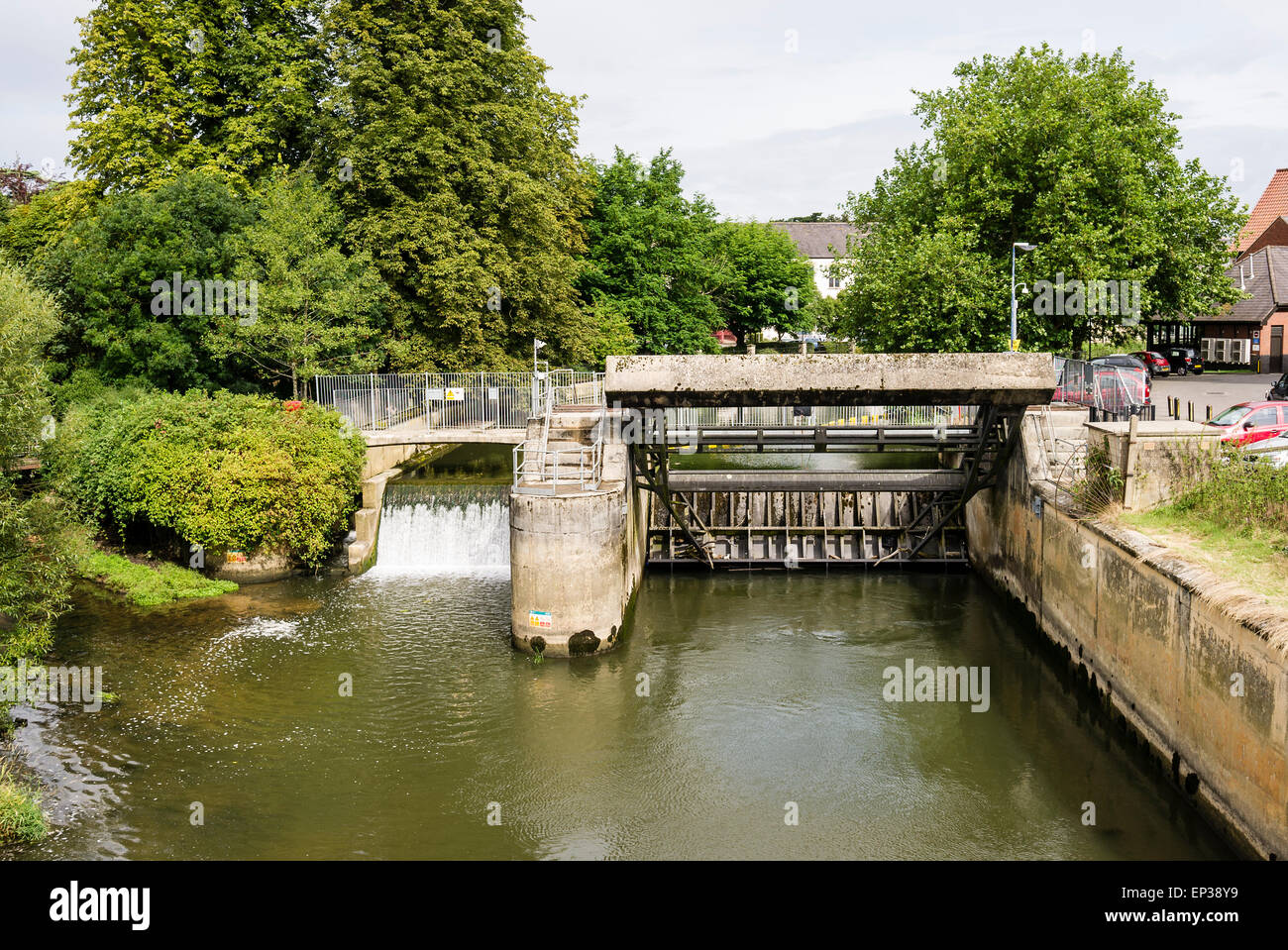 River water control mechanism on River Avon in Chippenham Wiltshire UK Stock Photo