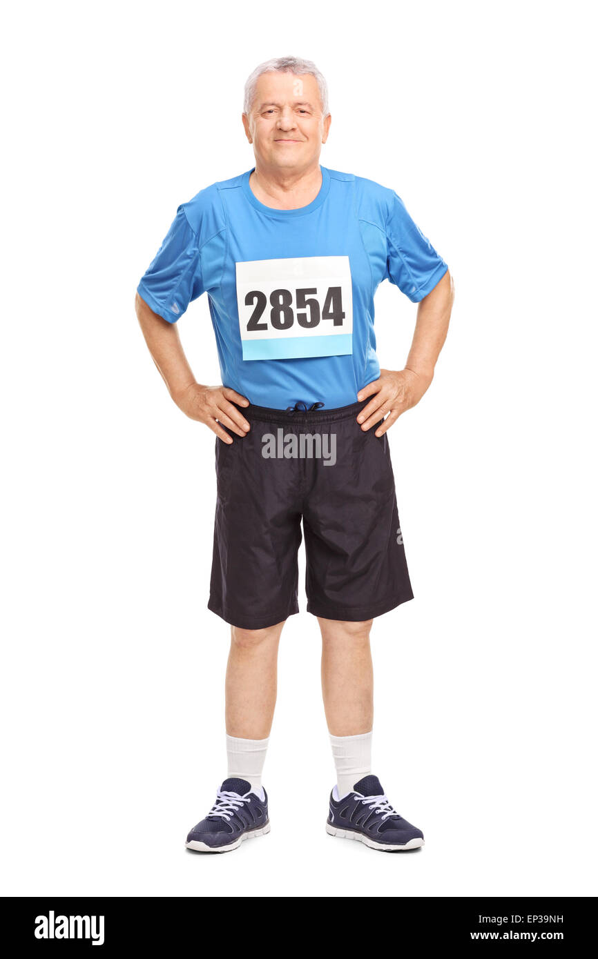 Full length portrait of a senior man in sportswear with a race number on his chest looking at the camera Stock Photo