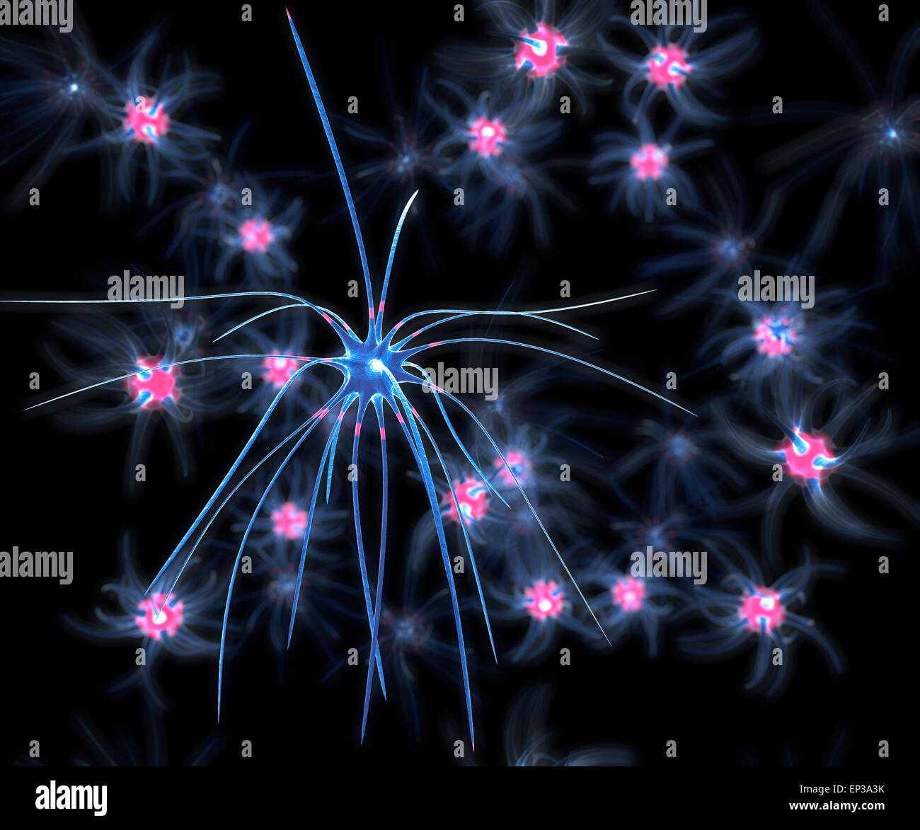 Render of group of neurons on dark background Stock Photo