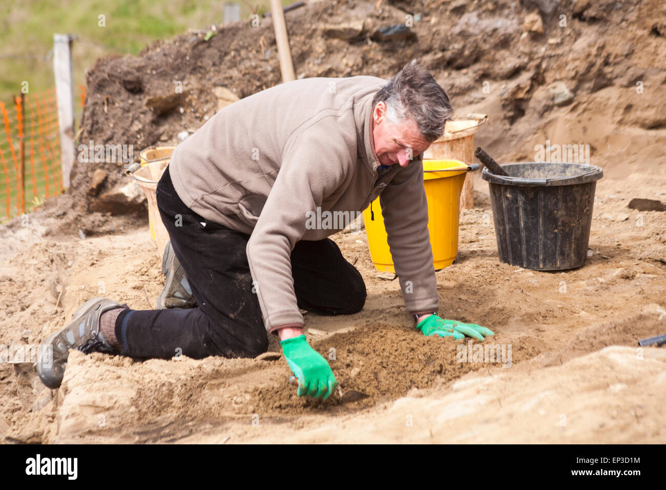Excavation works at Whitesands Bay, Pembrokeshire Coast National Park, Wales UK in May - man with trowel excavating Stock Photo