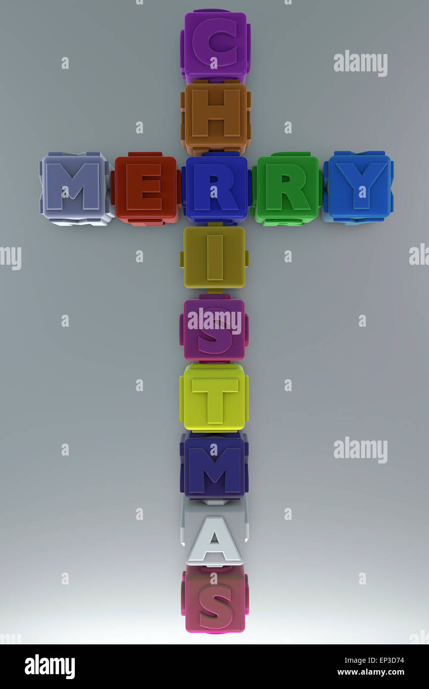 Colorful cubes lettering Merry Christmas, cross symbol on gray background Stock Photo