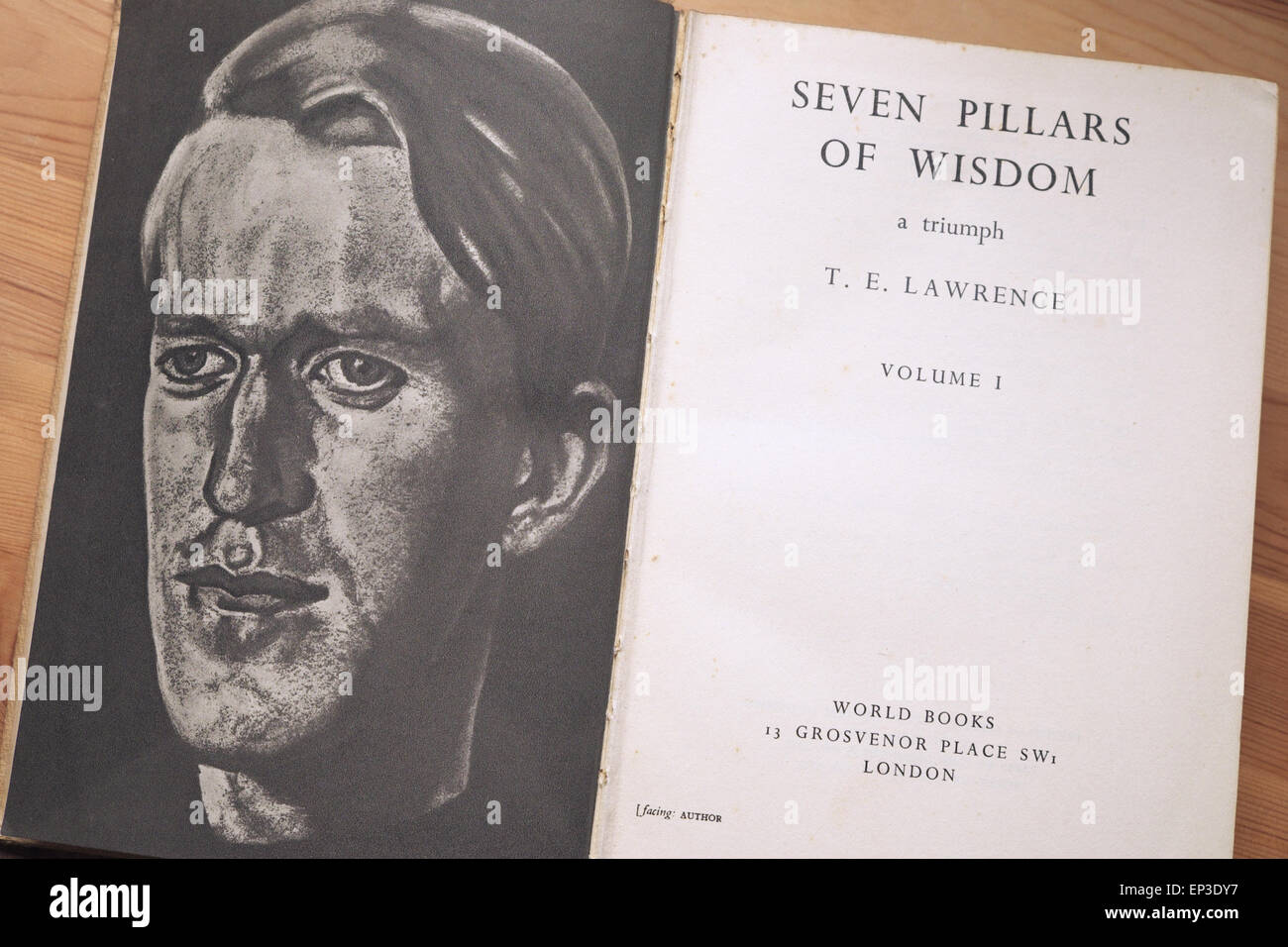 Seven Pillars of Wisdom by  T E Lawrence autobiography book edition published by World Books in 1939. Stock Photo