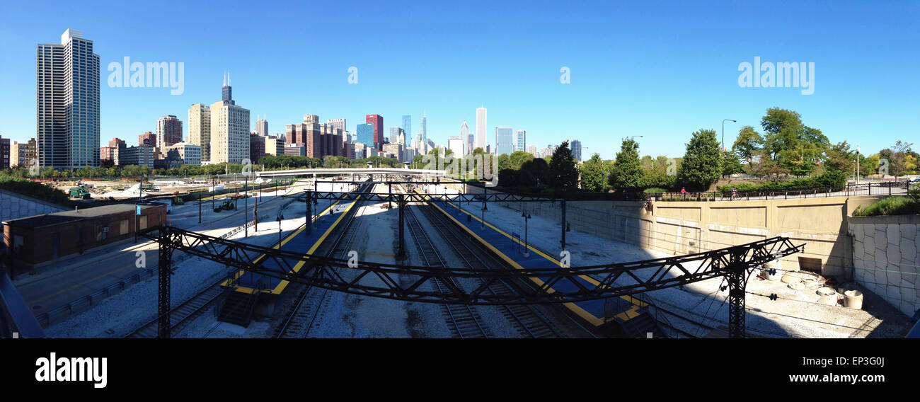 Chicago, Illinois, United States of America, Usa: the skyline of the city with its skyscrapers seen from the train tracks Stock Photo