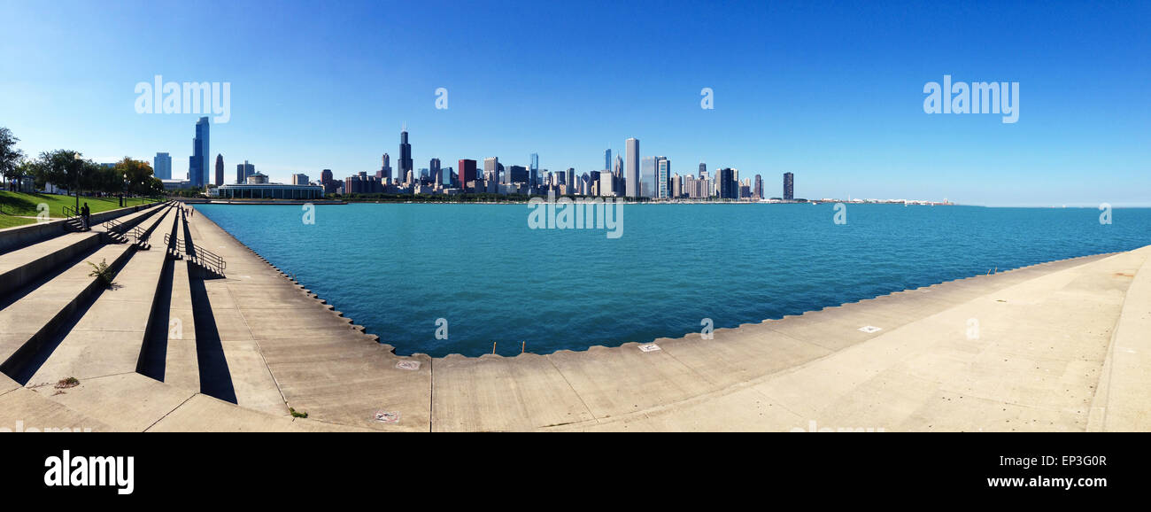Chicago, Illinois, United States of America, Usa: view of Chicago skyline seen from Northerly Island, a peninsula that juts into Lake Michigan Stock Photo