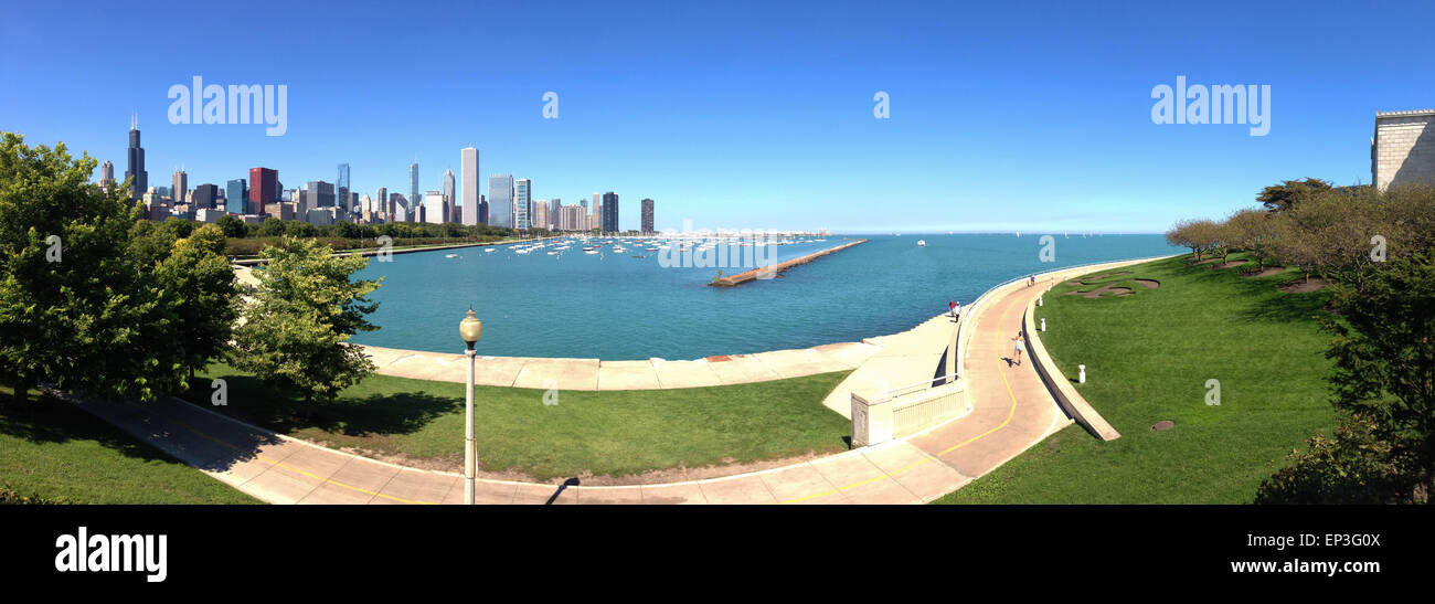 Chicago, Illinois, United States of America, Usa: view of Chicago skyline seen from Northerly Island, a peninsula that juts into Lake Michigan Stock Photo