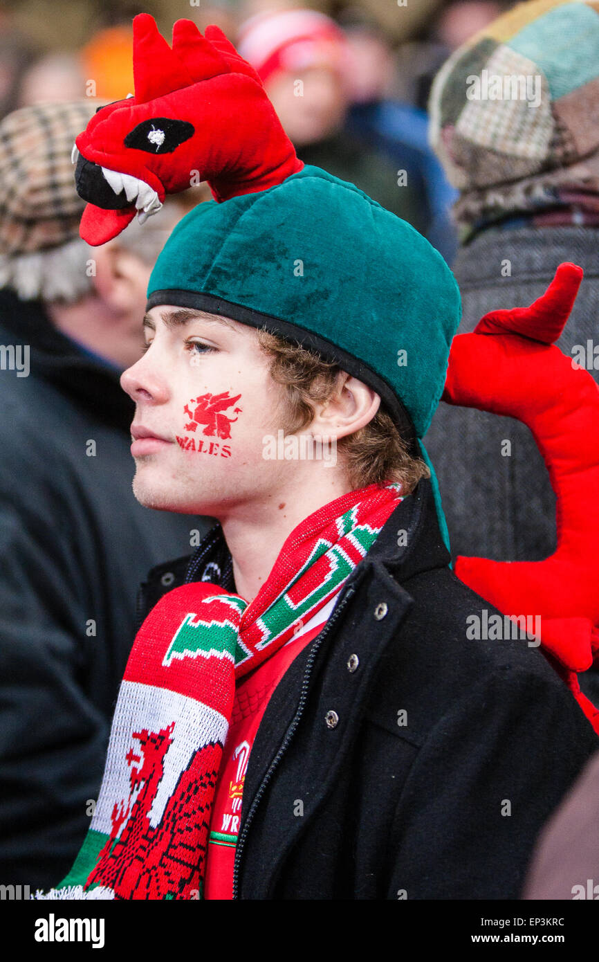 Principality Stadium.Wales male fan, dressed with Welsh Dragon hat and,facepaint,at rugby match, Wales v New Zealand. The All Blacks/New Stock Photo