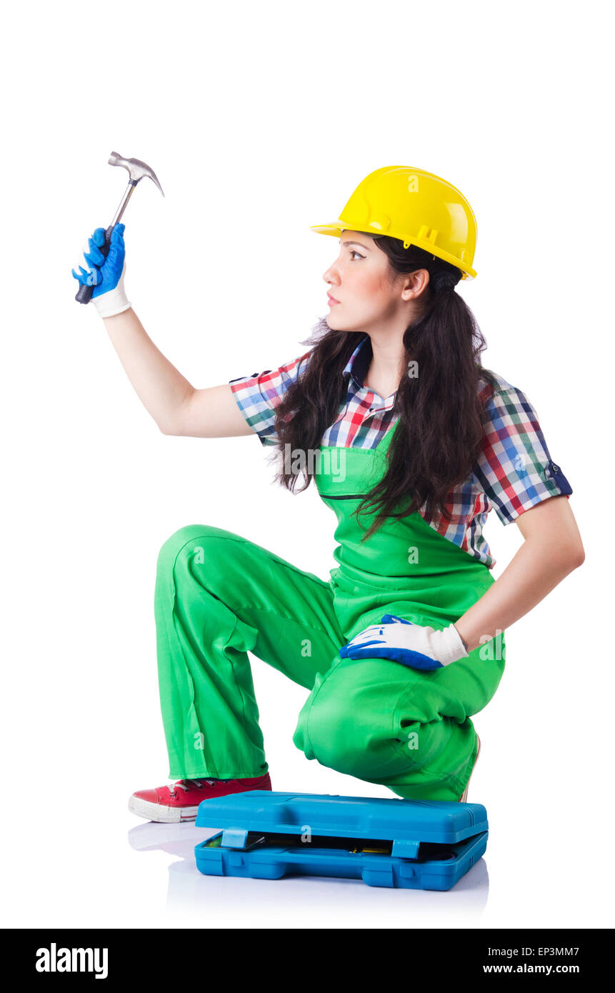 Woman builder isolated on white Stock Photo - Alamy