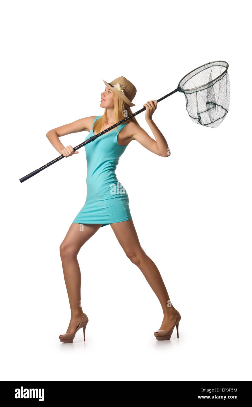 Attractive woman with net on white Stock Photo - Alamy