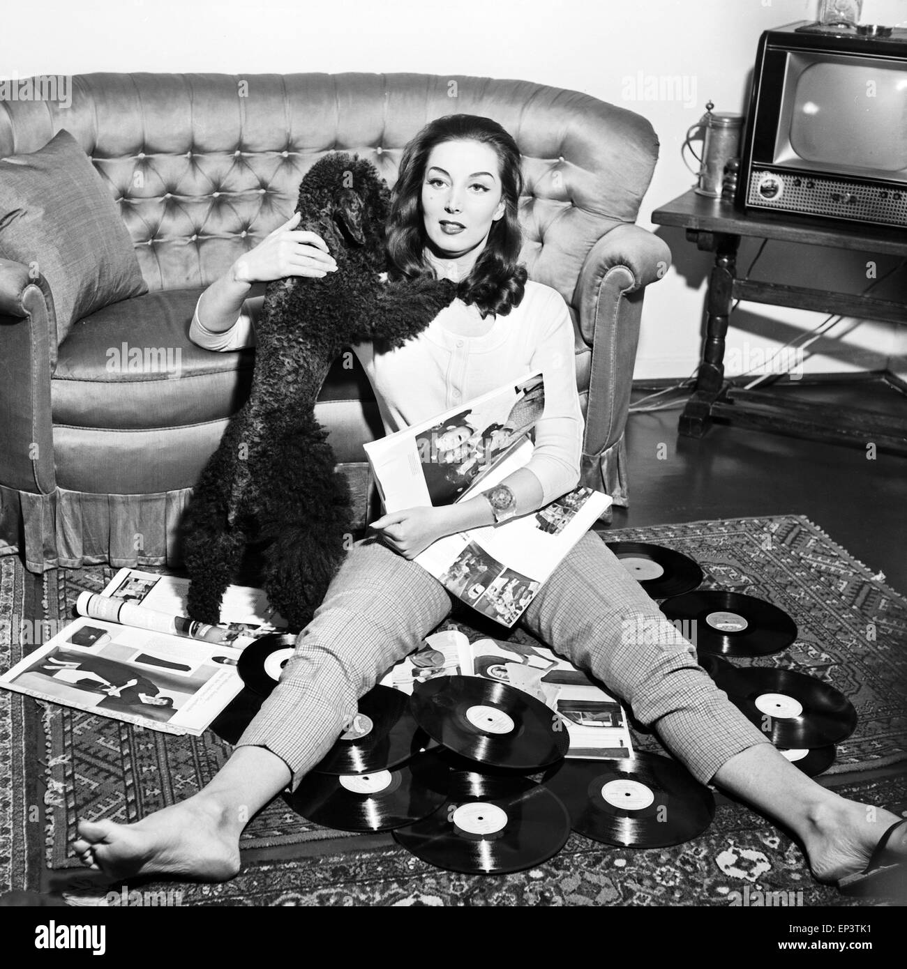 Bei einem Fotoshooting im Wohnzimmer mit Schallplatten und Pudel, Deutschland 1950er Jahre. doing a promotional photo shoot Stock Photo