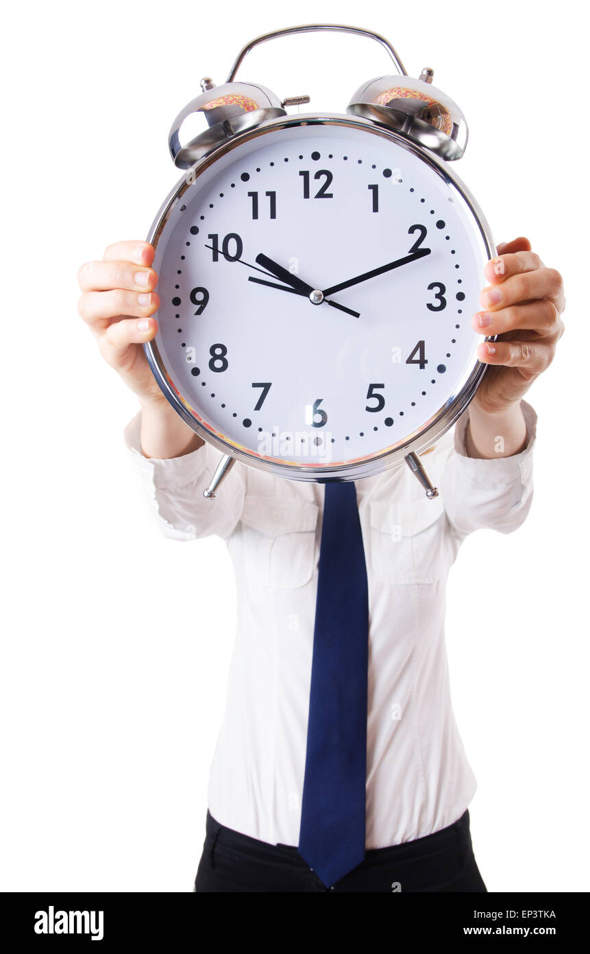 Nerd businesswoman with gian alarm clock Stock Photo - Alamy
