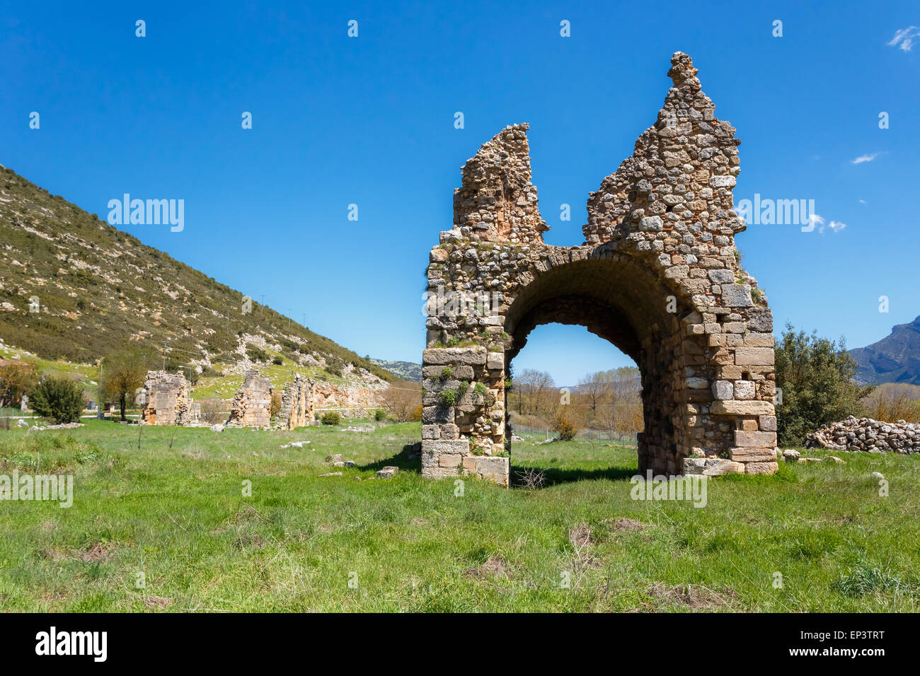Stymfalia Zaraka monastery ruins near Lake Stymfalia, Corinthia, Greece against a ...