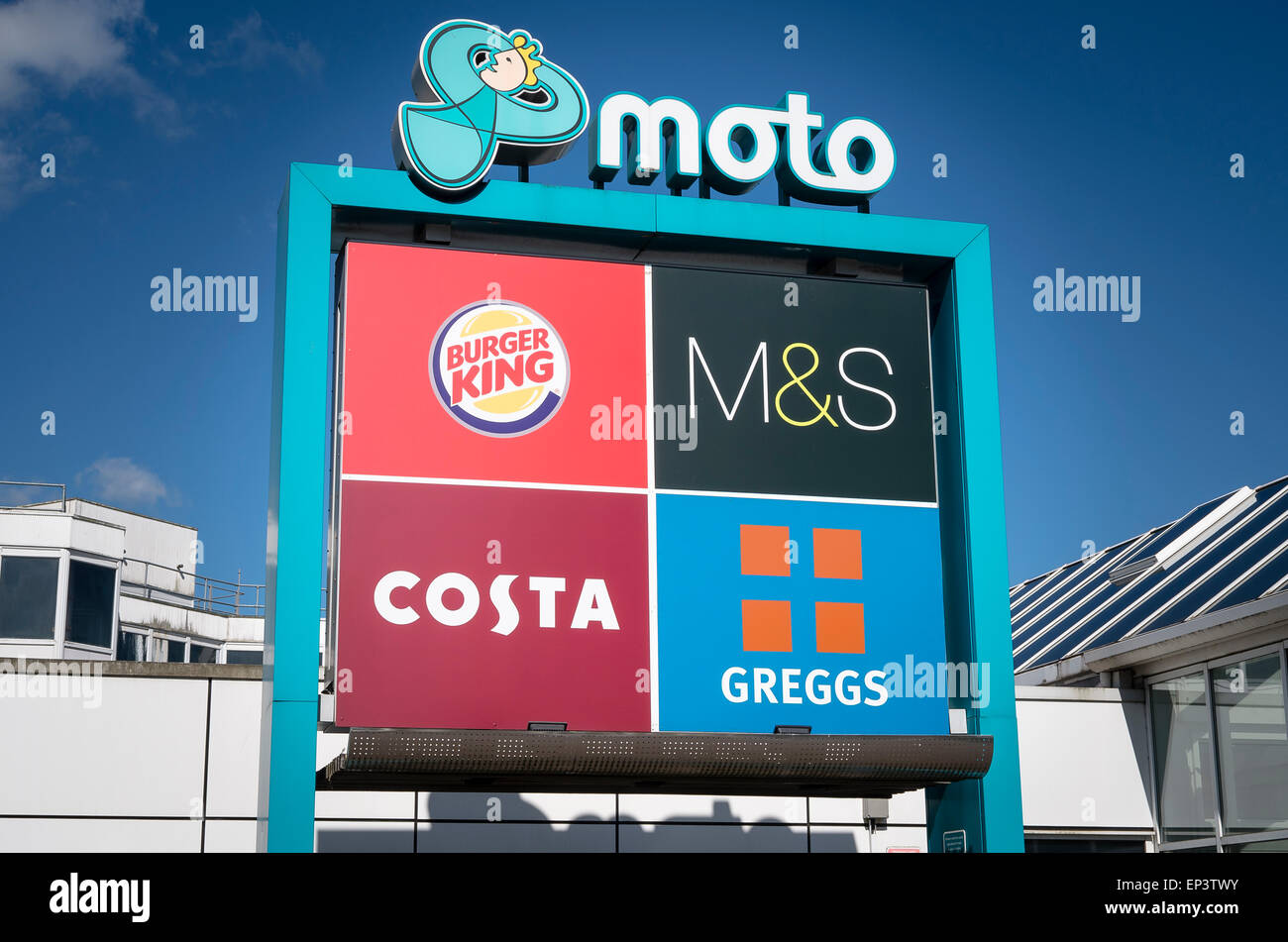 Signs outside Moto service station on M5 motorway in UK Stock Photo
