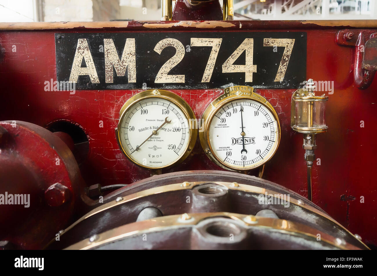 Pressure gauges on old Merryweather Fire Engine in a museum Stock Photo