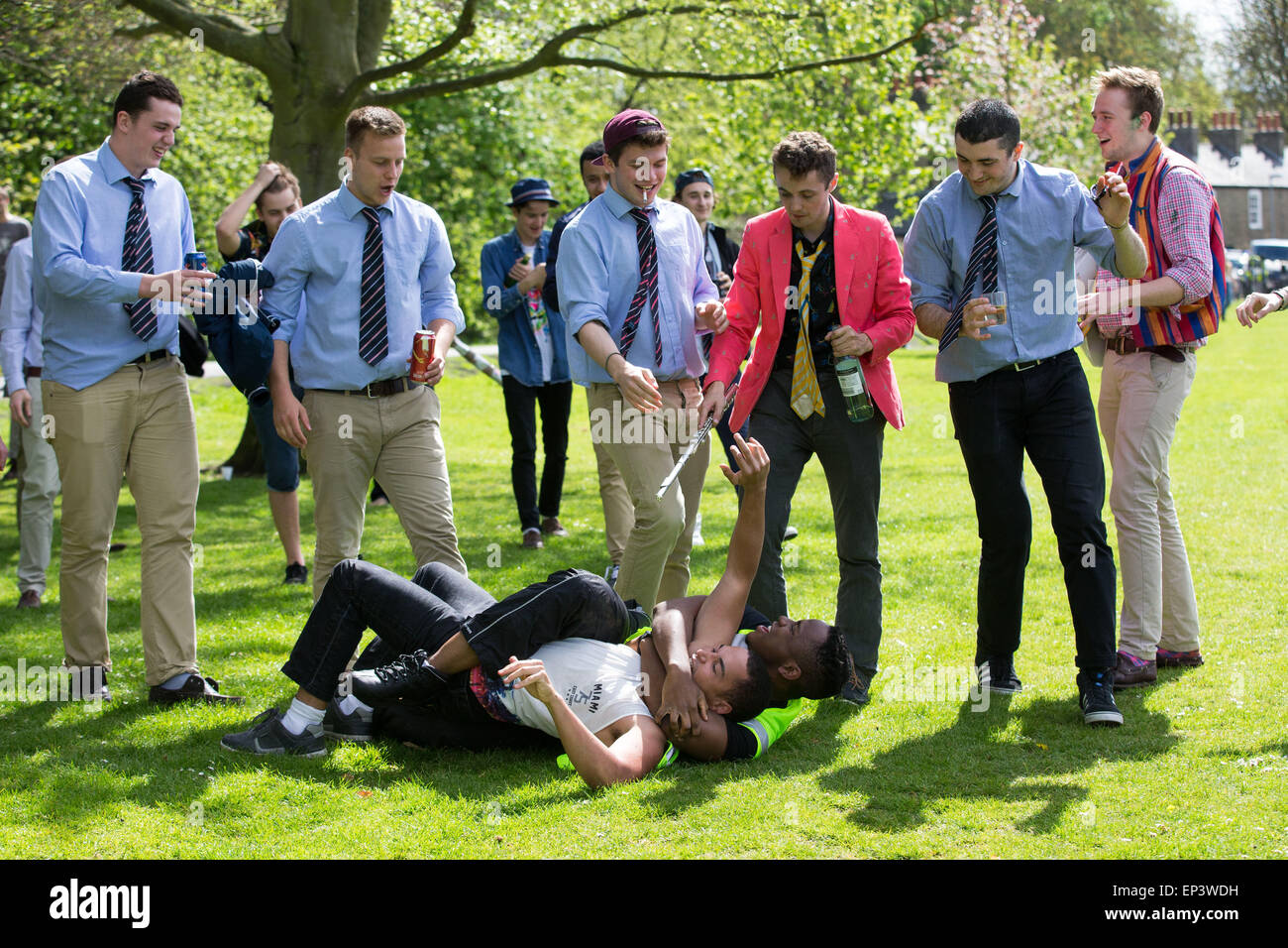 Cambridge University students celebrating Caesarian Sunday on Jesus Green in Cambridge on Sunday afternoon May 3rd. Stock Photo