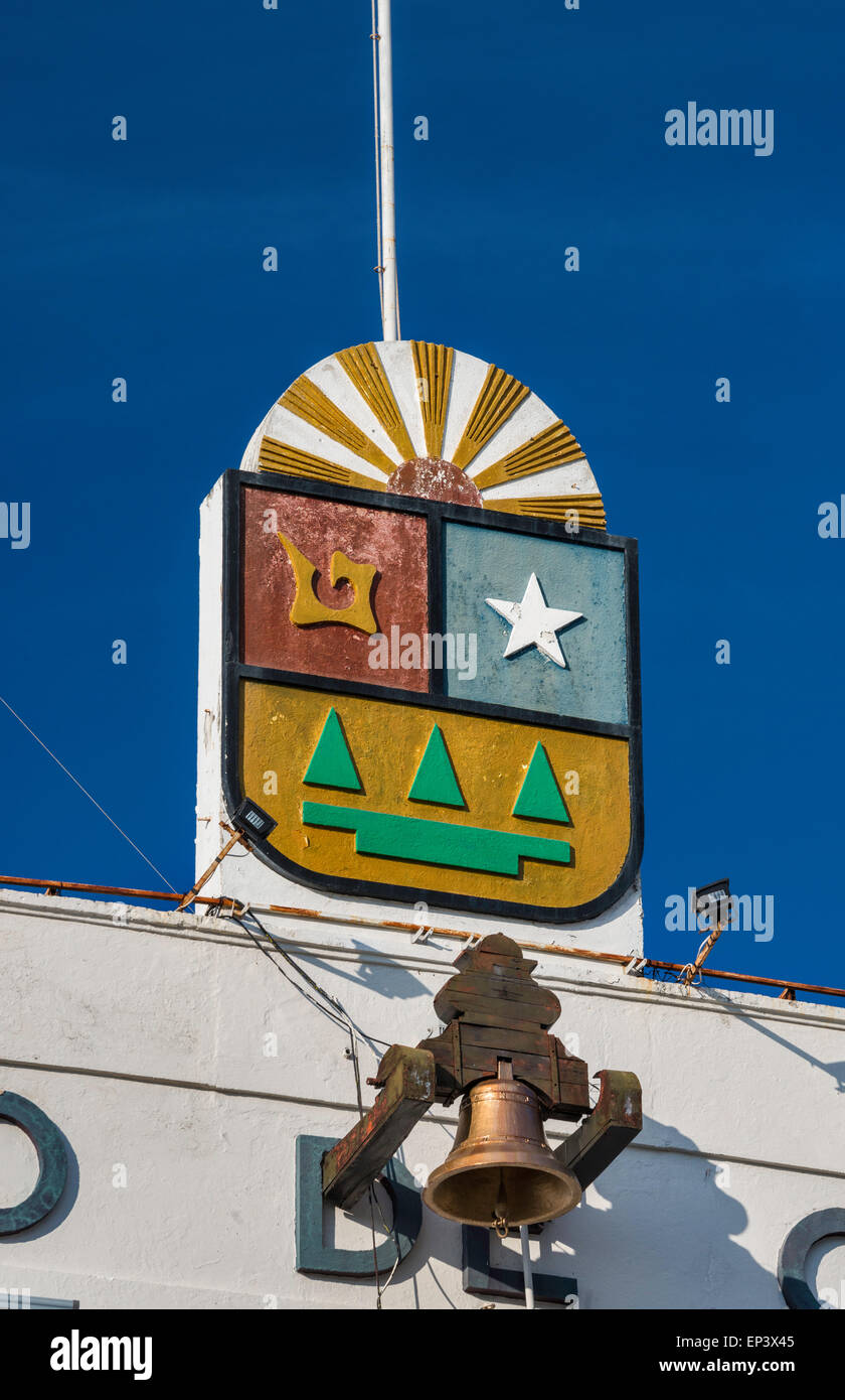 City coat of arms at Palacio Municipal in Chetumal, Yucatan Peninsula, Quintana Roo state, Mexico Stock Photo