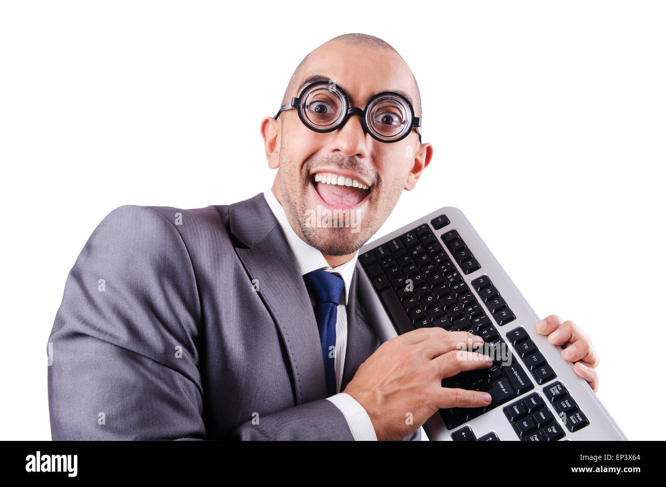 Nerd businessman with computer keyboard on white Stock Photo - Alamy