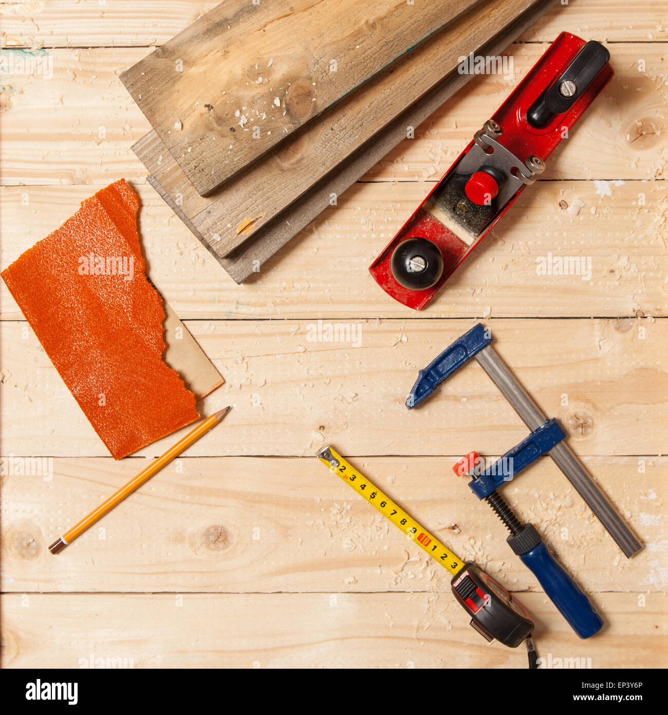 Woodworking tools on a carpenter's table Stock Photo