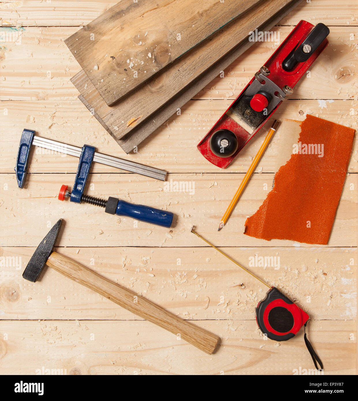 Woodworking tools on a carpenter's table Stock Photo - Alamy