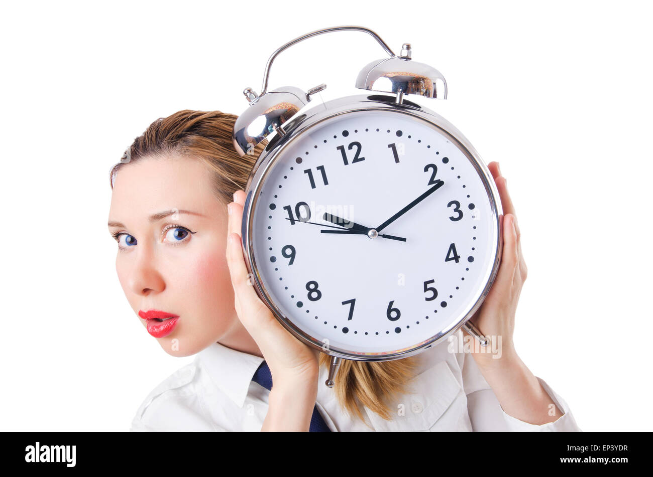 Nerd businesswoman with gian alarm clock Stock Photo - Alamy